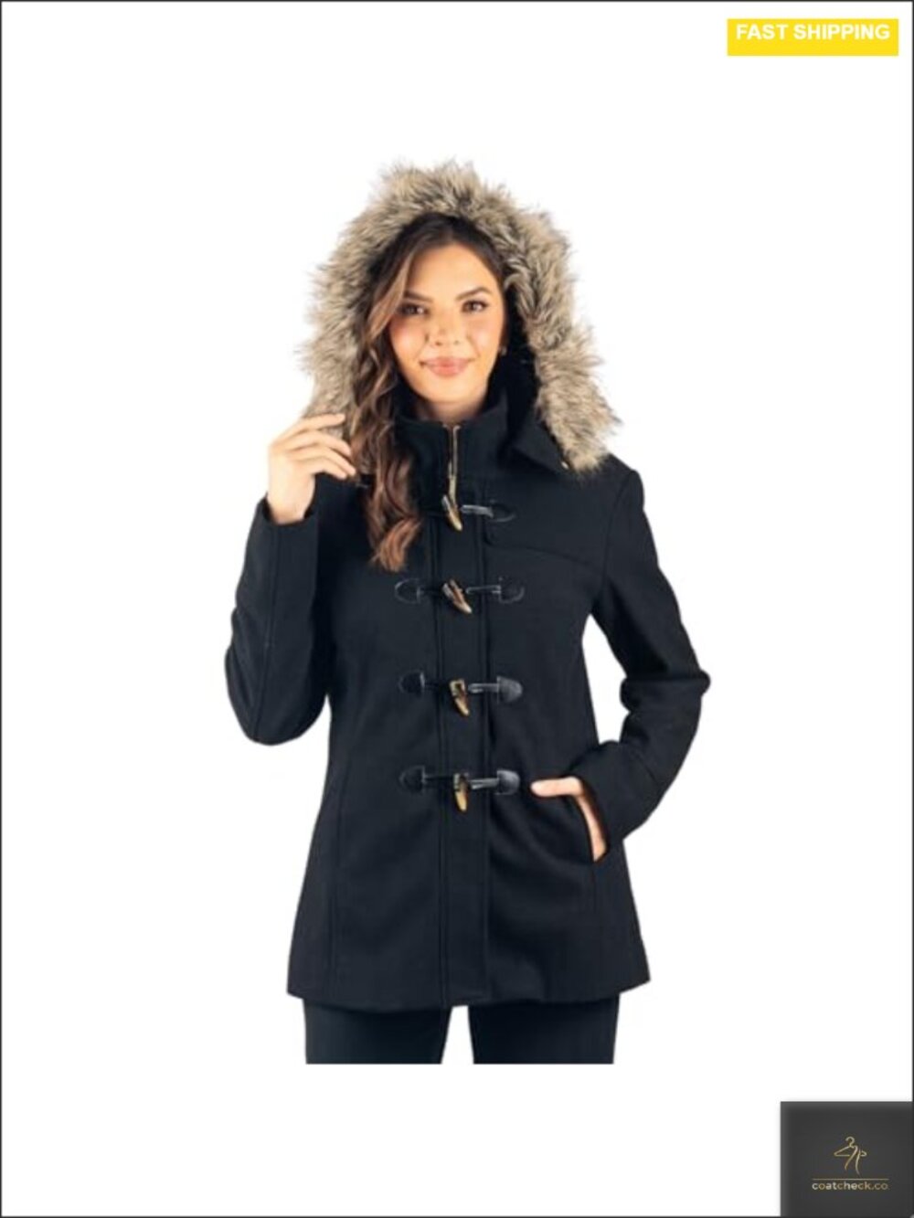 Wool Blend Toggle Coat Removable Faux Fur Hood